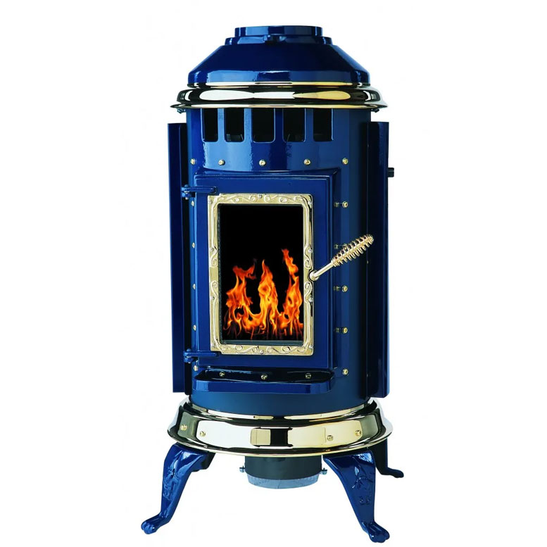 Enamel painted belly type pellet stove that is sleek and a statement
