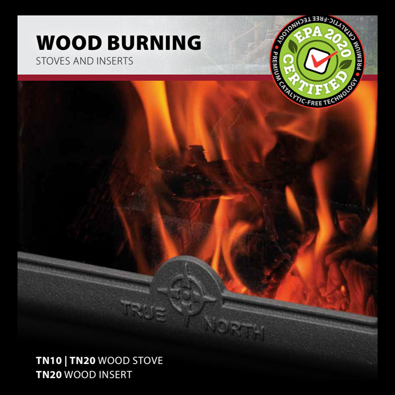 Brochure cover picture of the TN20 wood burning Insert and TN10 and TN20 freestanding wood stoves